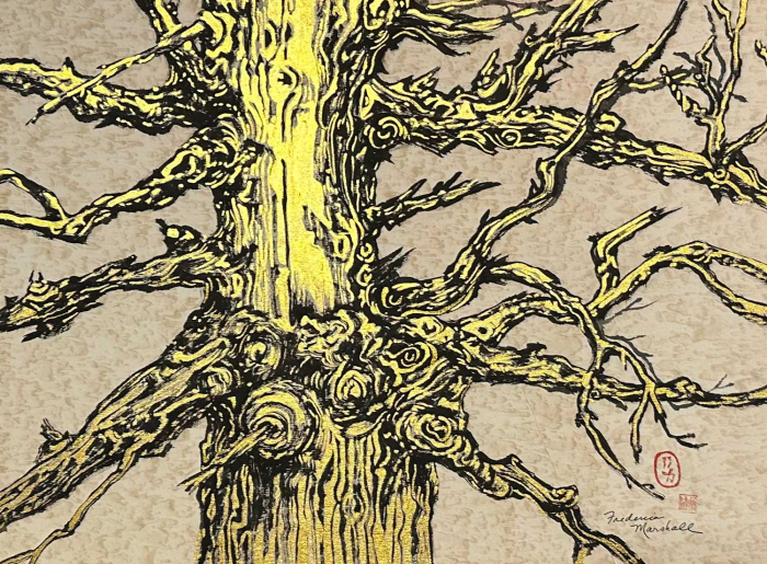 Tree Chi sumi-e painting with gold on watermark paper by Frederica Marshall.